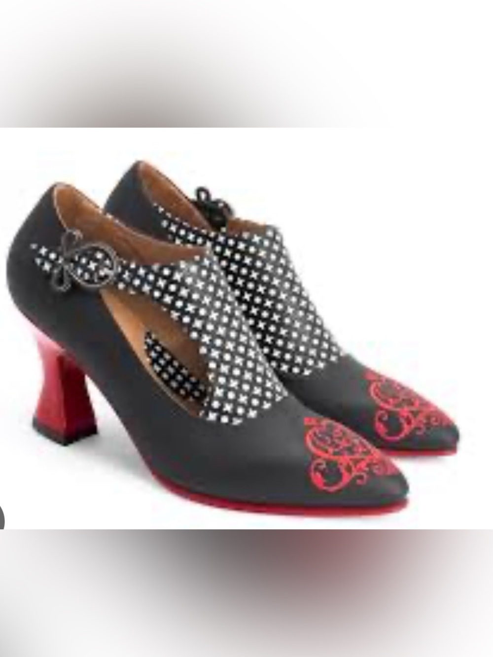 Fluevog LIKE NEW Poser Darla black/red/dots embroidered toe side buckle heel -6
